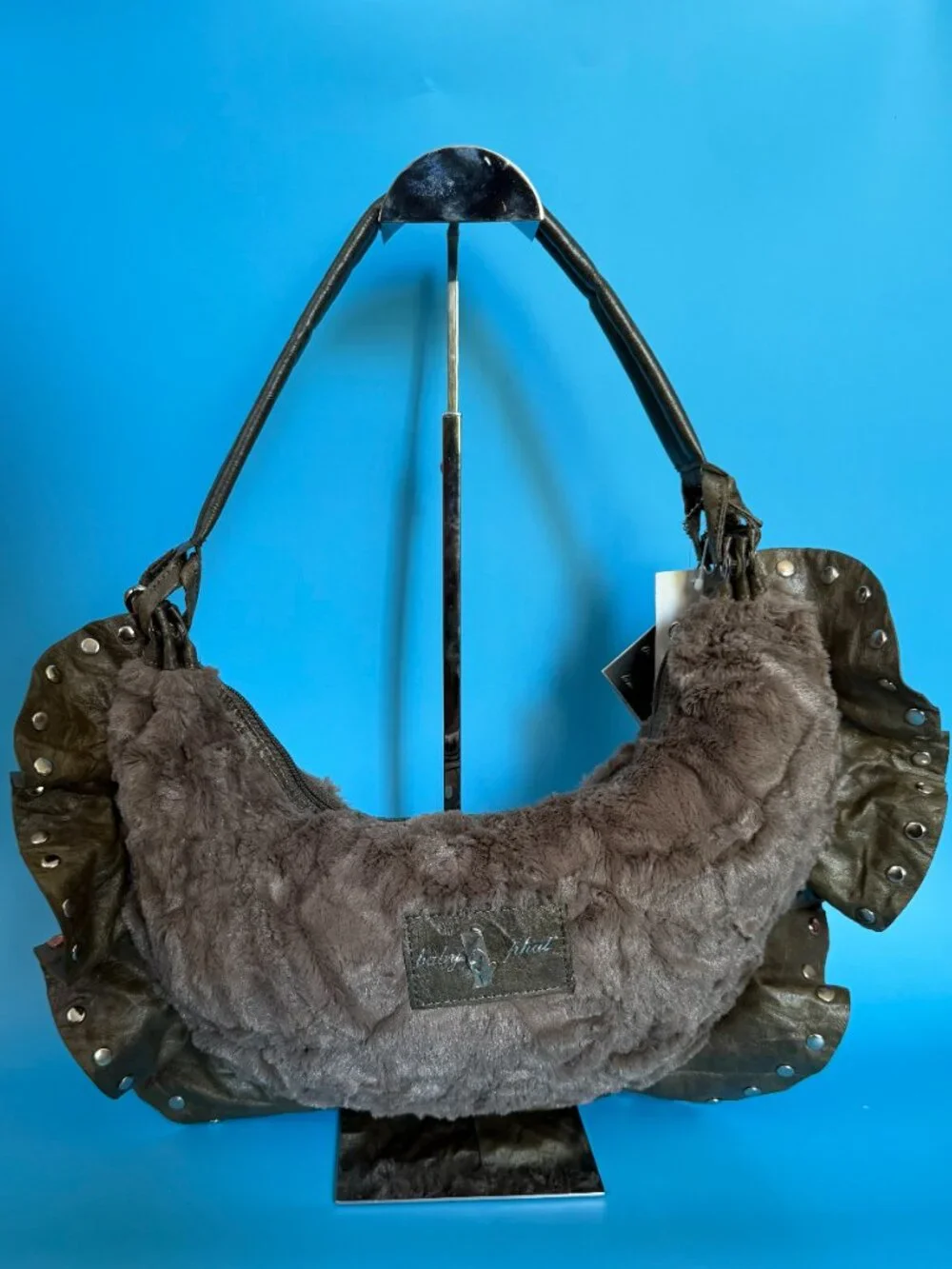 Baby Phat Y2K Olive Leather Fur Hobo Bag  Kimora Studded Rhinestone
